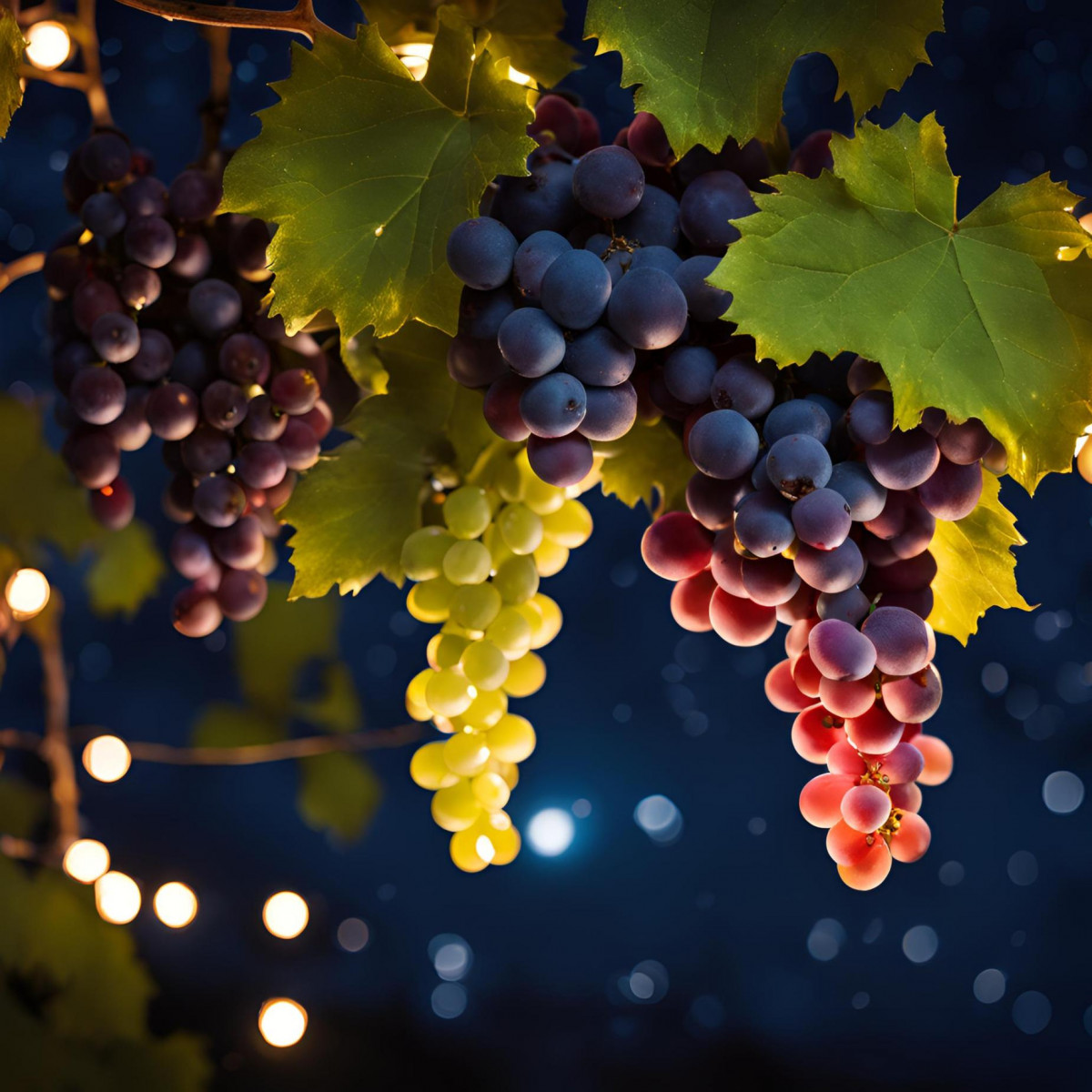 Parra con uvas de noche con luces de navidad