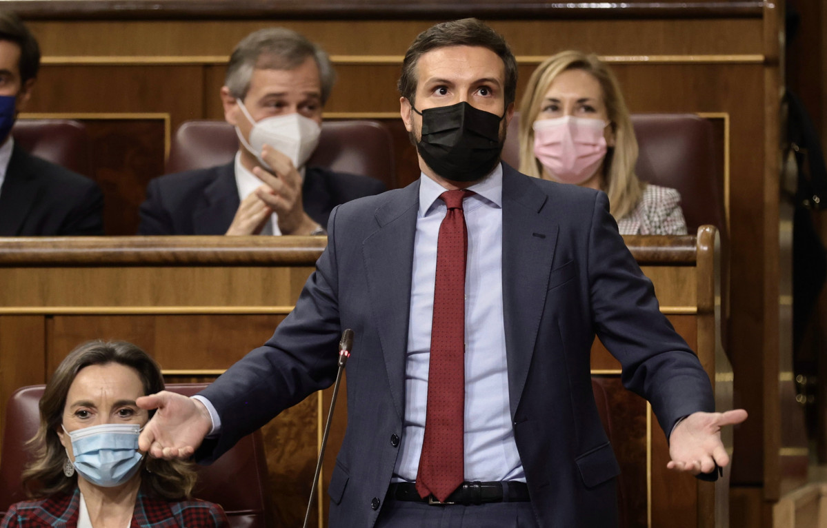 El líder del PP, Pablo Casado, interviene en una sesión plenaria en el Congreso de los Diputados, a 16 de febrero de 2022, en Madrid (España).